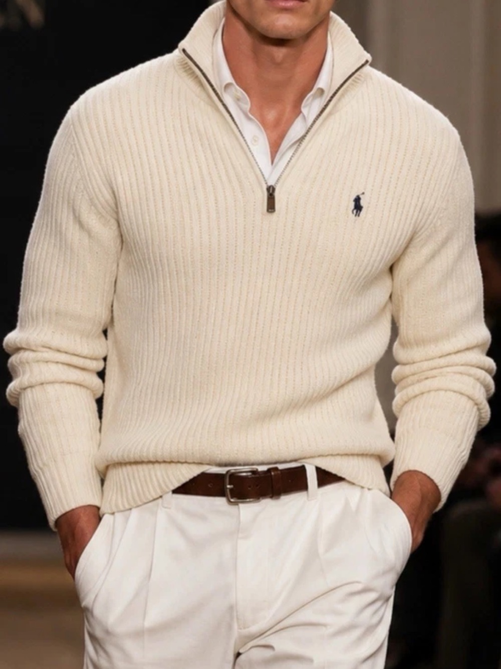 Ralph Lauren Cream Ribbed Half-Zip Sweater with Polo Logo